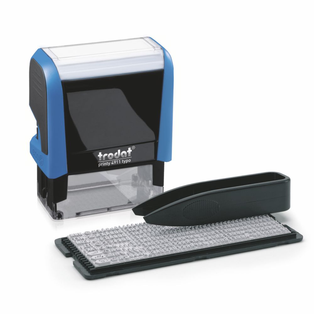 Stampila DIY Trodat Printy 4911 Typo, 38x14 mm, 3 linii text, tus negru, culoare albastra