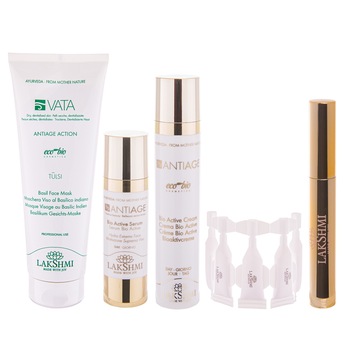 Set 5 produse faciale bio-organice +30 ani, profesioniste anti-age, Lakshmi, masca cu busuioc pentru pielea uscata si matura 250ml, ser antiage bioactive 30ml, crema antiage bioactive 50ml, fiole complex de vitamine 25 x 0.8, mascara  Set 5 produse faciale bio-organice +30 ani, profesioniste anti-age, Lakshmi, masca cu busuioc pentru pielea uscata si matura 250ml, ser antiage bioactive 30ml, crema antiage bioactive 50ml, fiole complex de vitamine 25 x 0.8, mascara