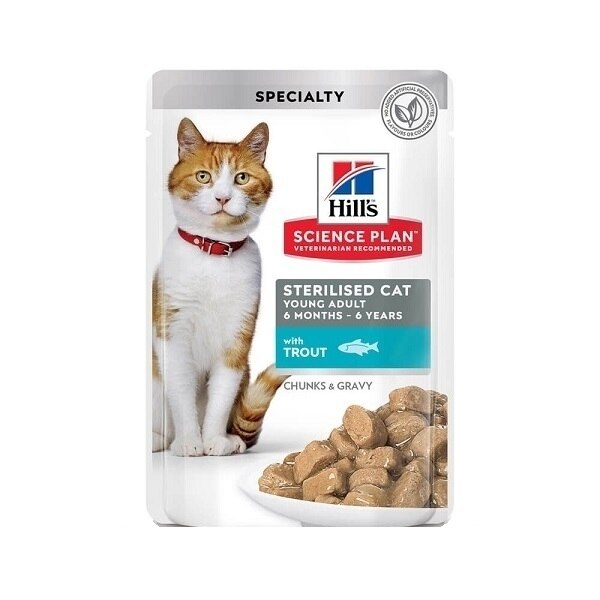 Hrana pentru Pisici, Hill's SP Feline Young Adult Sterilised cu Pastrav, Plic 85 g