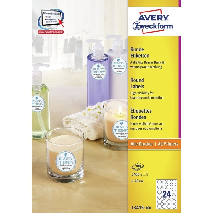 Etichete Avery Zweckform L3415-100, diametru Ø 40 mm , 24 etichete/A4, 100 coli/top, 2400 etichete/ top, albe, Laser Copy Inkjet