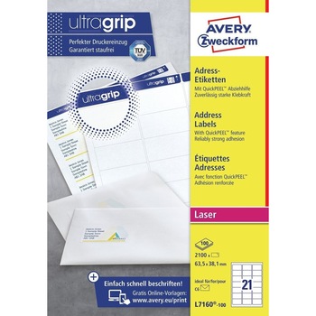Etichete Avery Zweckform L7160-100, 63,5 x 38,1 mm, 21 etichete/A4, 100 coli/cutie, 2100 etichete/cutie, albe, Laser Copy Etichete Avery Zweckform L7160-100, 63,5 x 38,1 mm, 21 etichete/A4, 100 coli/cutie, 2100 etichete/cutie, albe, Laser Copy
