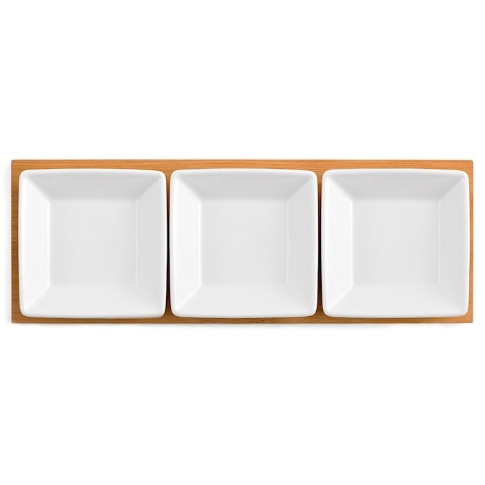 Set 3 boluri patrate, din portelan cu suport bambus, 28x10 cm