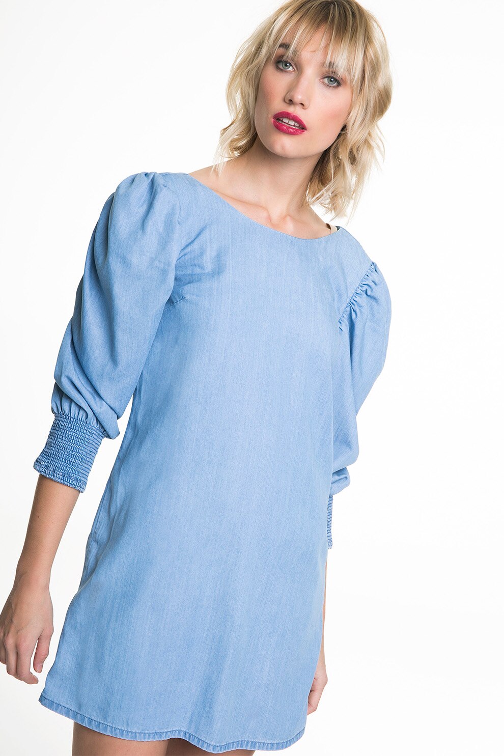 Big Star, Rochie mini din chambray, cu maneci bufante, Albastru deschis, S