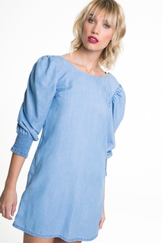 Big Star, Rochie mini din chambray, cu maneci bufante, Albastru deschis, S Big Star, Rochie mini din chambray, cu maneci bufante, Albastru deschis, S