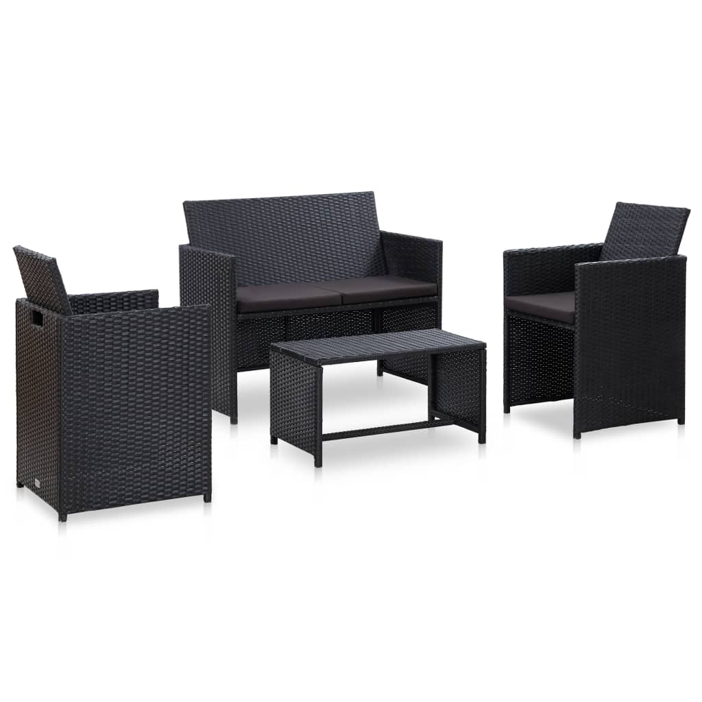 Set mobilier de gradina 4 piese masa cu canapea si scaune, vidaXL, Poliratan, 70 x 40 x 38 cm, Negru
