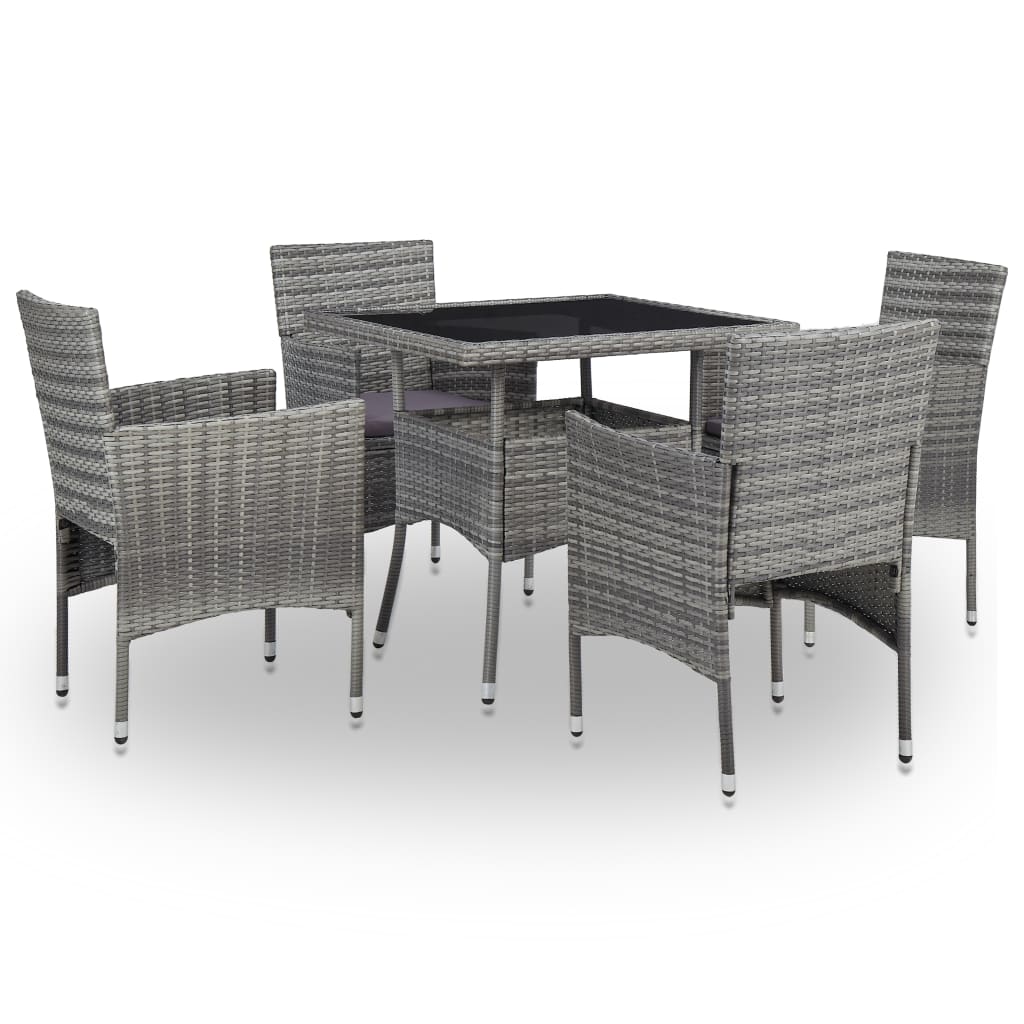 Set mobilier de gradina 5 piese masa cu scaune si tabureti, vidaXL, Ratan/sticla, 80 x 80 x 75 cm, Gri