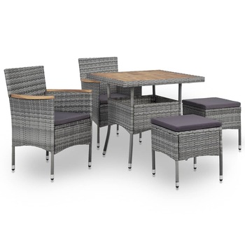 Set mobilier de gradina 5 piese masa cu scaune si tabureti, vidaXL, Ratan/lemn, 80 x 80 x 75 cm, Gri Set mobilier de gradina 5 piese masa cu scaune si tabureti, vidaXL, Ratan/lemn, 80 x 80 x 75 cm, Gri