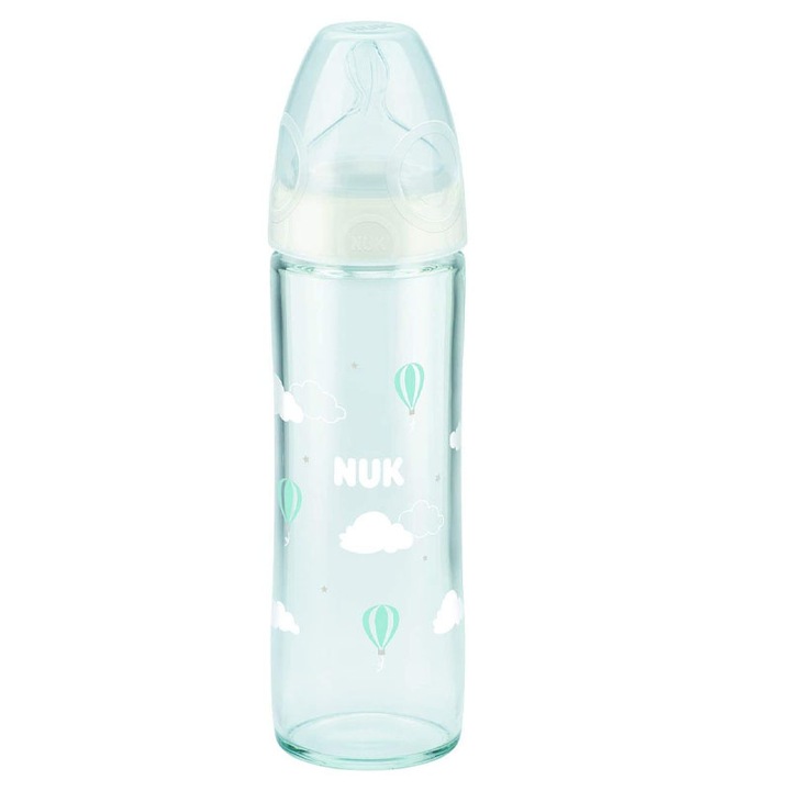 Biberon din sticla cu tetina din silicon 240 ml 0-6 luni Nuk First Choice 745080AB, Alb 0-6 luni