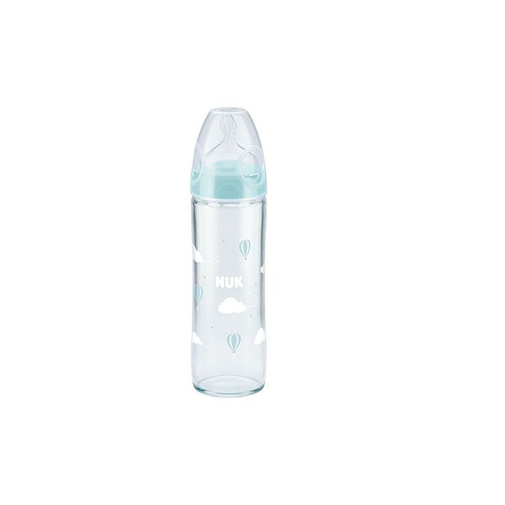Стъклено шише със силиконов биберон 240 ml 0-6 месеца Nuk First Choice 745080AL, Син