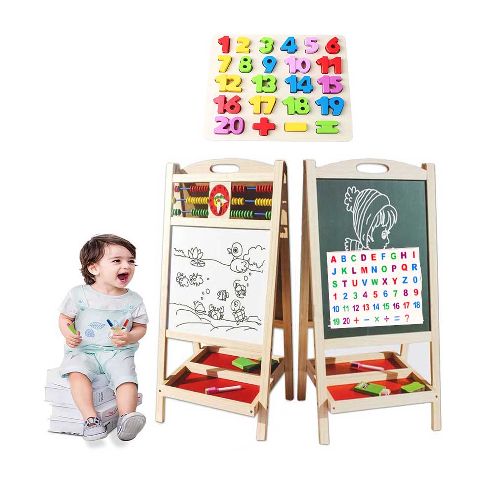Set Tabla Magentica AKU URIASA 70CM cu 2 Fete + Joc Numere, din lemn ecologic, cu Ceas si Numaratoare Abacus, Cu litere si cifre magnetice, Scris si Desenat + Set Creta Colorata Marker Buret, pentru copii baby prescolari AK8015