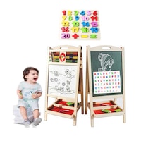 Set Tabla Magentica AKU URIASA 70CM cu 2 Fete + Joc Numere, din lemn ecologic, cu Ceas si Numaratoare Abacus, Cu litere si cifre magnetice, Scris si Desenat + Set Creta Colorata Marker Buret, pentru copii baby prescolari AK8015