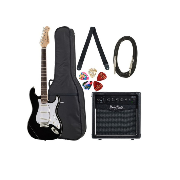 Set Chitara Electrica, Harley Benton, ST 20 BK, amplificator, cablu, pene, curea, husa