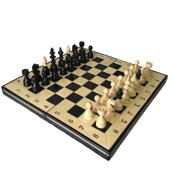 Joc sah, table si dame, lucrat manual din lemn, crem/negru, 44x44 cm Joc sah, table si dame, lucrat manual din lemn, crem/negru, 44x44 cm