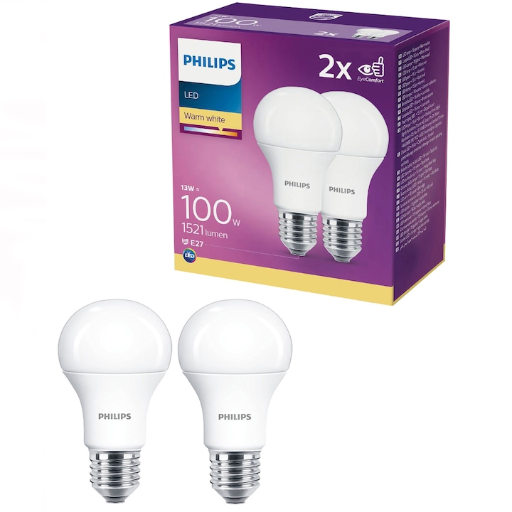 Pachet 2 becuri LED Philips, E27, 13W (100W), 1521 lm, lumina alba calda (2700K), clasa energetica E