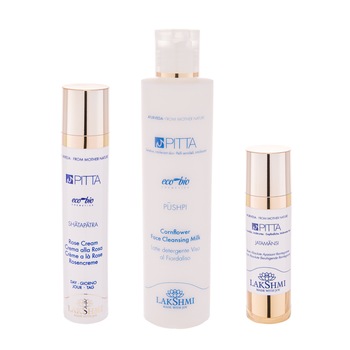 Set 3 produse pentru pielea sensibila, cuperozica, usor iritabila si reactiva, ser calmant 30ml, lapte demachiant cu floare de albastrele 200ml si crema cu trandafir 50ml, Lakshmi, produse bio-organice Set 3 produse pentru pielea sensibila, cuperozica, usor iritabila si reactiva, ser calmant 30ml, lapte demachiant cu floare de albastrele 200ml si crema cu trandafir 50ml, Lakshmi, produse bio-organice