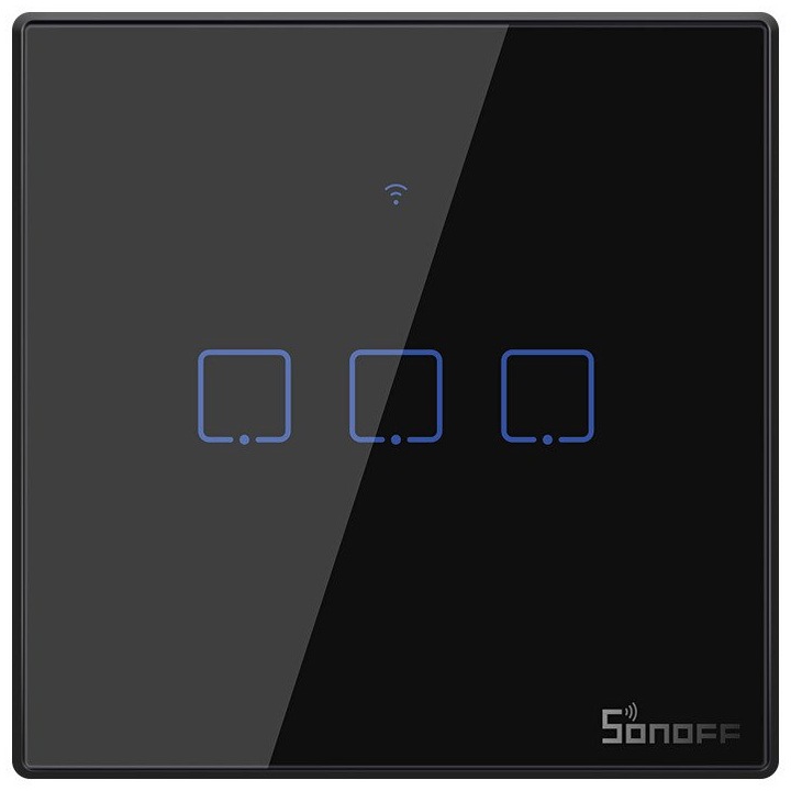 Sonoff T3 EU TX Okos kapcsoló, Wireless + RF 433, 3 csatornás, iOS/Android kompatibilis, Amazon Alexa/Google Assistant, Üveg, Fekete
