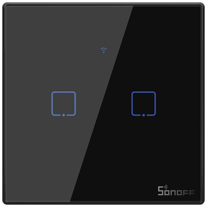 Смарт ключ Sonoff T3 EU TX, Сензорен, Wireless + RF 433, 2 канала, Съвместим с iOS/Android, Amazon Alexa/Google Assistant, Стъклен, Черен