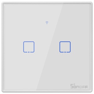 Intrerupator inteligent cu touch Sonoff T0 EU TX, Wireless, 2 canale, compatibil iOS/Android, Amazon Alexa/Google Assistant, sticla, Alb