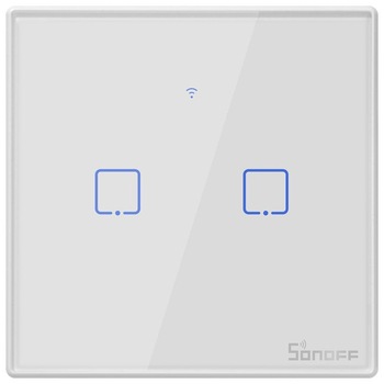 Intrerupator inteligent cu touch Sonoff T2 EU TX, Wireless + RF 433, 2 canale, compatibil iOS/Android, Amazon Alexa/Google Assistant, sticla, Alb Intrerupator inteligent cu touch Sonoff T2 EU TX, Wireless + RF 433, 2 canale, compatibil iOS/Android, Amazon Alexa/Google Assistant, sticla, Alb