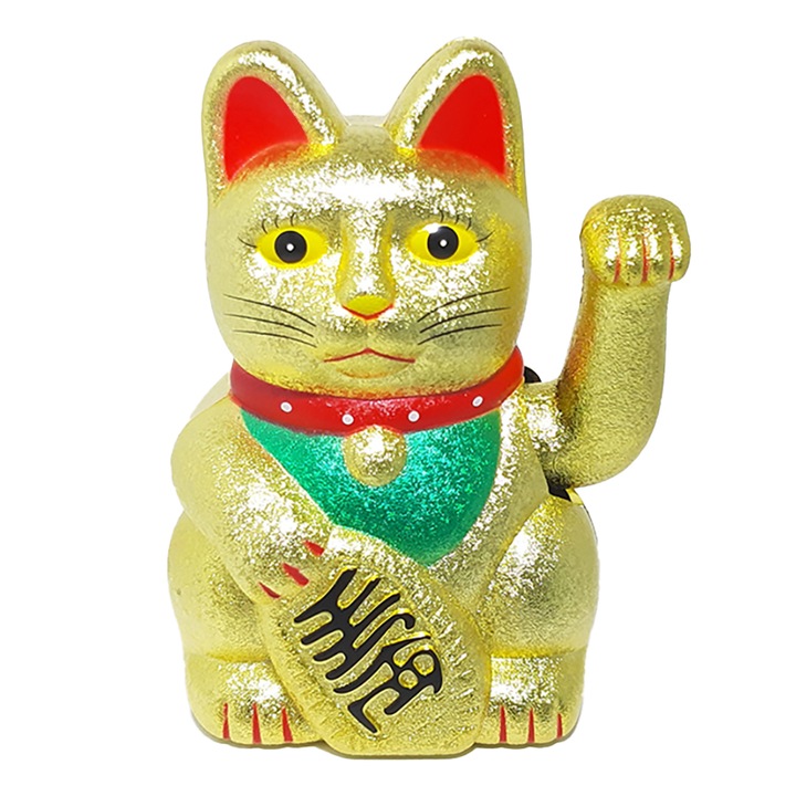 Pisica norocoasa Maneki Neko aurie remediu Feng Shui din Plastic, 90 mm lungime