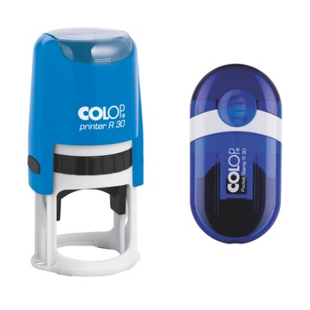 Pachet stampile firma Colop Duo Deal Colop Printer R30 + Colop PS R30, tus albastru, diametru 30 mm, culoare albastra Pachet stampile firma Colop Duo Deal Colop Printer R30 + Colop PS R30, tus albastru, diametru 30 mm, culoare albastra