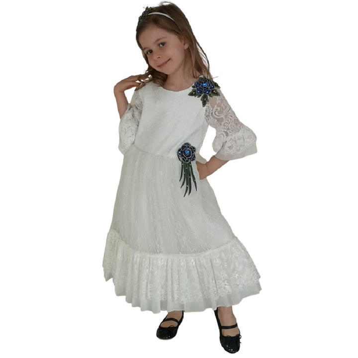 Rochie de ocazie, CopatiLaura, midi din dantela alba cu volane, alb