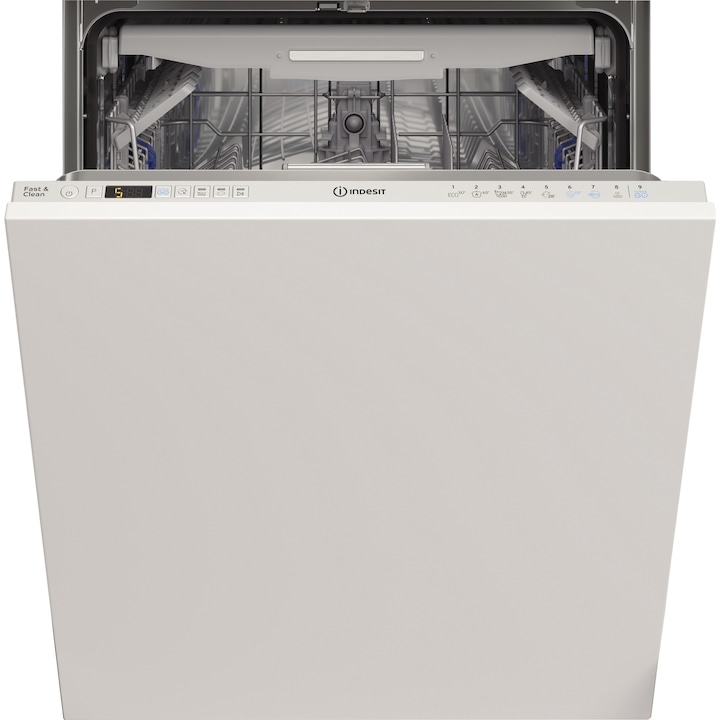 Indesit DIO3T131AFE beépíthető mosogatógép, 14 teríték, 9 program, D energiaosztály, Fast & Clean, Push & Go, Auto Door, Evőeszköz-fiók, Fényjelzés, 60 cm