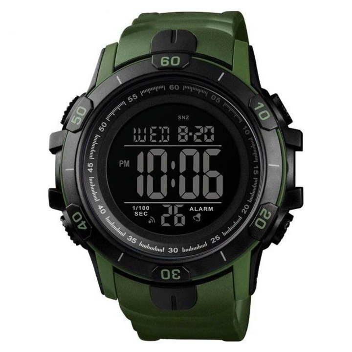 Мъжки часовник Skmei, военен, цифров, спортен, хронометър, дата, хронометър, двоен дисплей, аларма, 5 ATM, водоустойчив, подсветка, зелен