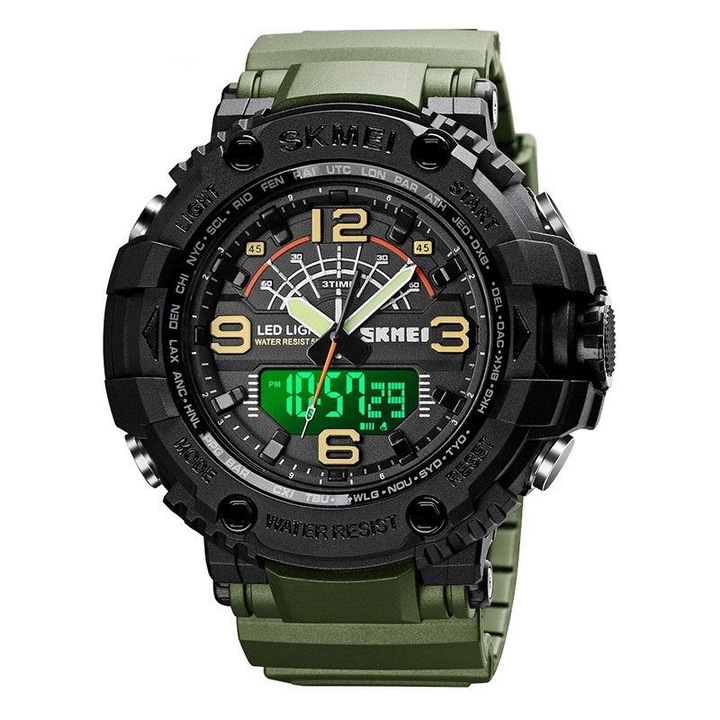 Мъжки часовник Skmei, военен, армейски, кварцов механизъм, аналогов, цифров, спортен, хронометър, аларма, дата, подсветка, зелен
