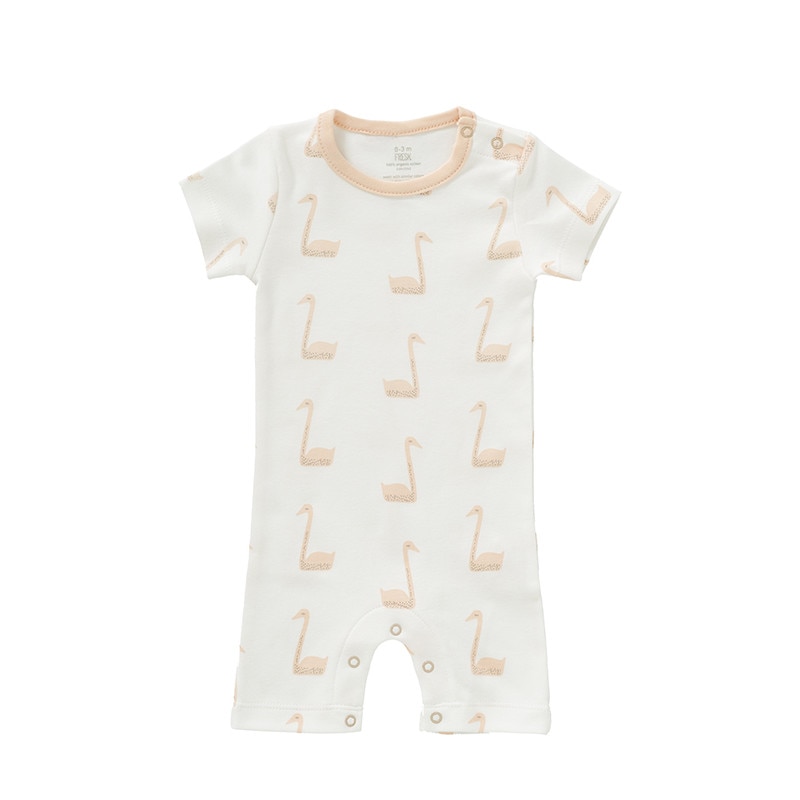 Salopeta de vara, pentru bebelusi 3-6 luni, din bumbac organic, model Swan peach