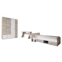 Dormitor tineret Irim Iuvenis, Pat 90x200, Noptiera, Birou, Dulap, culoare Sonoma/Alb