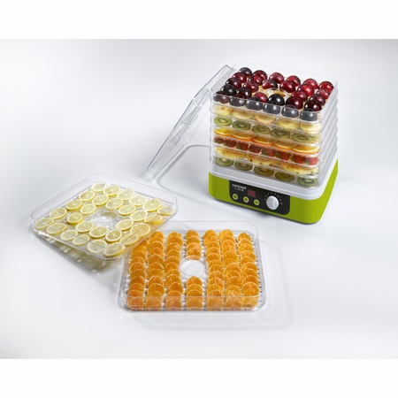 Deshidrator de alimente Concept SO1060, putere 230-260 W, temperatura reglabila intre 35-70 grade Celsius, ventilator pentru uscare uniforma, 7 tavi de preparare, protectie la supraincalzire, timer digital, culoare verde + alb