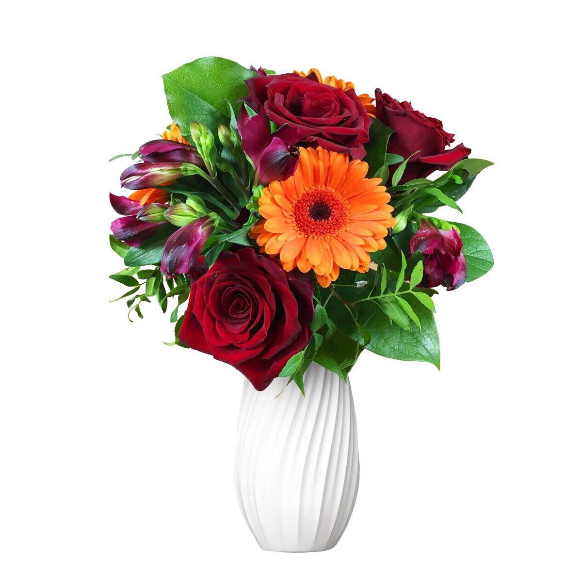 Buchet cu trandafiri rosii si gerbera