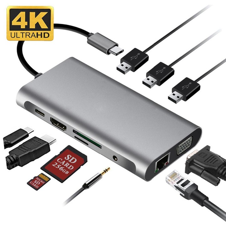 Хъб, USB 3.1 Тип-C DL-LINK WHV010, 10 в 1, 3 x USB 3.0, 1 USB Тип-C, 4K HDMI порт, 1080P VGA, RJ45 Gigabit Ethernet, SD TF карта, SD Audio