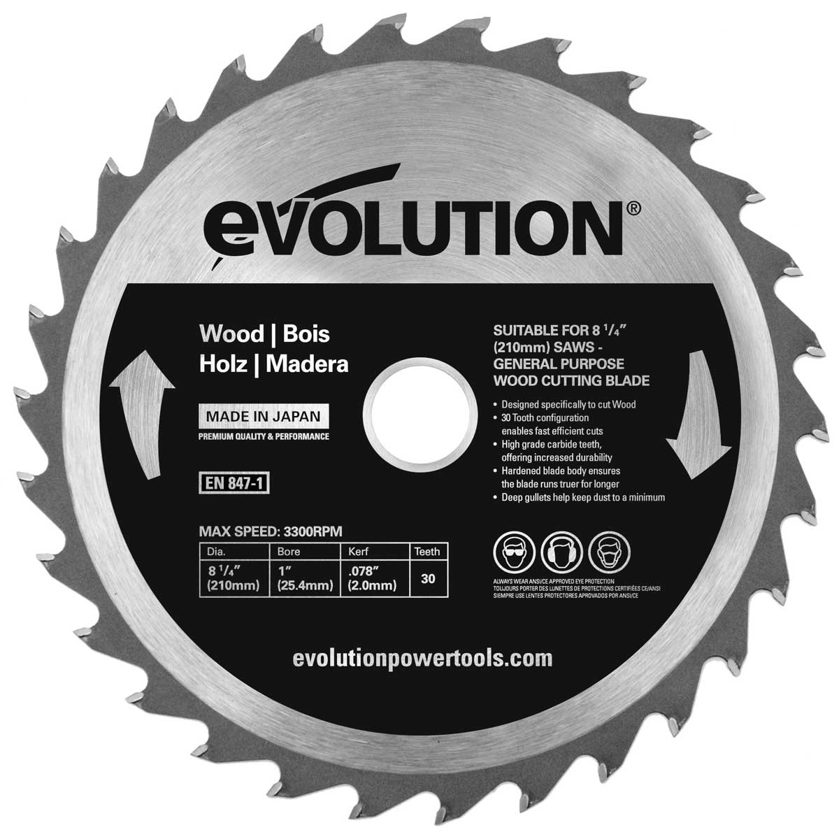 Panza circular pentru lemn Evo Steel Evolution F210mm FURYBLADE210WOOD 25.4mm prindere 30 de dinti 3300rpm 2mm grosime