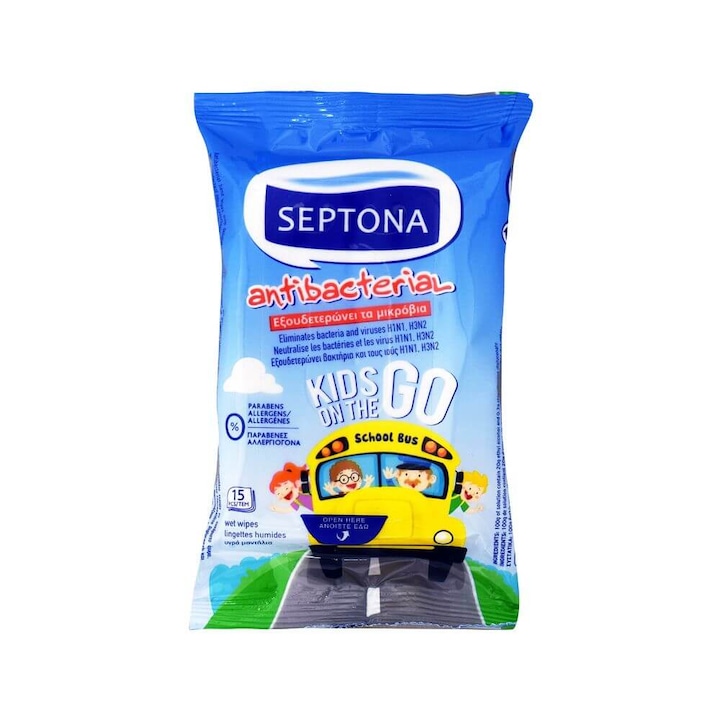 SEPTONA Антибактериални мокри кърпички за деца, 15 бр./компл., банан