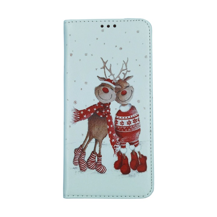 Husa Craciun Flip Carte compatibil cu SAMSUNG Galaxy A70 model model Sweet Reindeers, Portofel cu Stand, Antisoc, Viceversa Alb/Rosu