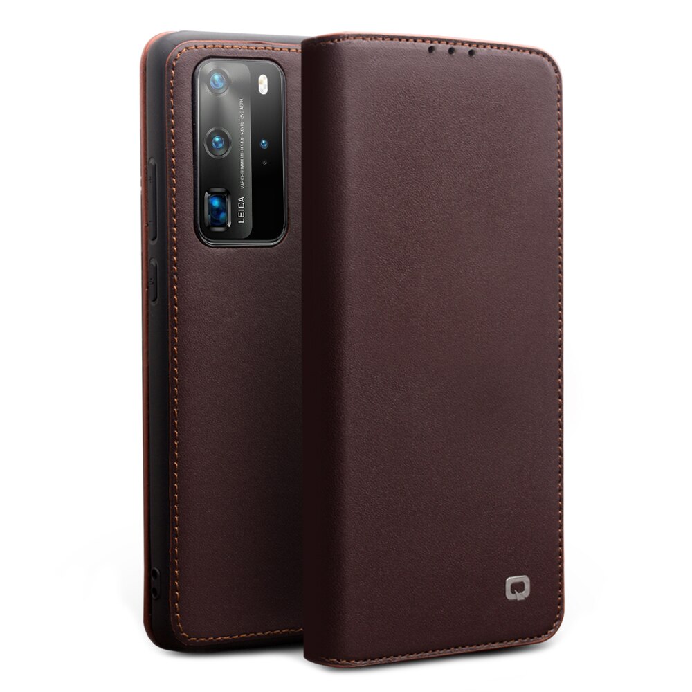 Husa Huawei P40 Pro - Qialino Business Classic, din piele naturala mata tip carte, cu buzunare carduri, culoare Maro coffee