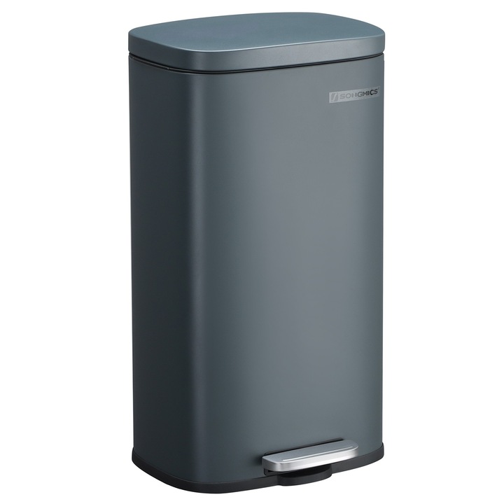 Cos gunoi cu pedala si galeata interioara din plastic, 30 L, Capac cu balamale, Inchidere usoara, Inodor si igienic, Gri fumuriu