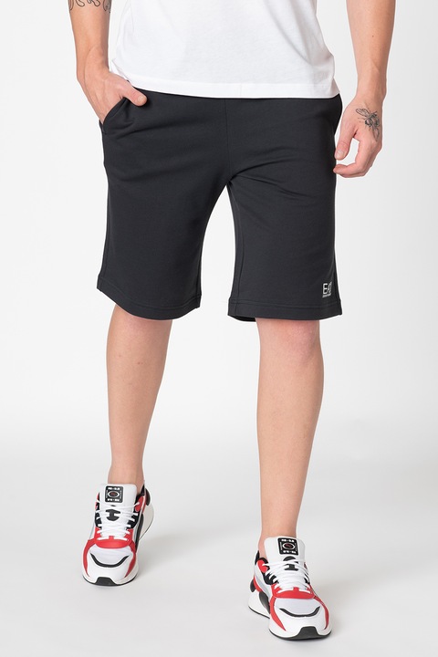 EA7, Bermude sport de bumbac, Alb/Gri carbune