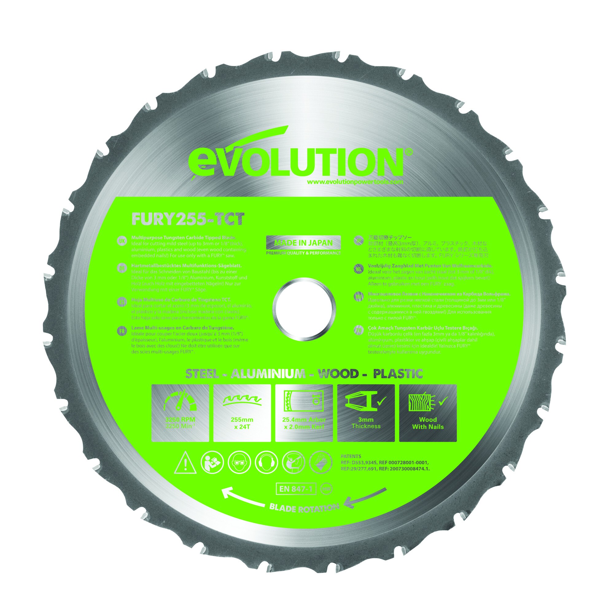 Panza circular multi material F255mm Evolution Evo Steel Prindere 25.4mm Grosime disc 2mm 24 Dinti 3250 Rotatii pe minut