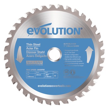 Panza circular Metal 180mm Evolution Thin Evo Steel Prindere 20mm Grosime disc 1.6mm 68 Dinti 3900 rotatii pe minut Panza circular Metal 180mm Evolution Thin Evo Steel Prindere 20mm Grosime disc 1.6mm 68 Dinti 3900 rotatii pe minut