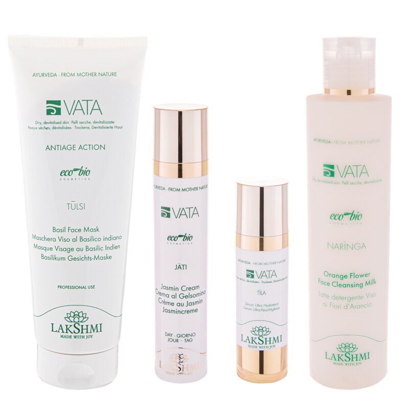 Set 4 produse pentru pielea uscata, deshidratata si lipsita de vitalitate 530ml, ser ultra hidratant30ml, lapte demachiant cu flori de portocal 200ml, masca cu busuioc indian 250ml si crema cu iasomie 50ml, Lakshmi, produse bio-organice