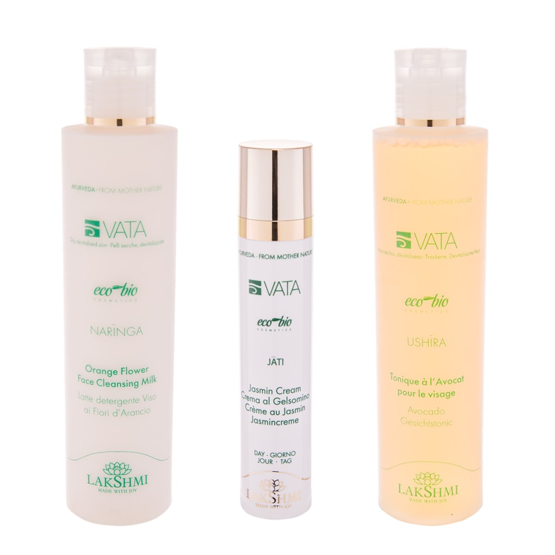 Set 3 produse 450 ml pentru pielea uscata, lipsita de vitalitate si deshidrata, Lakshmi, demachiant 200ml, tonic 200 ml si crema cu iasomie 50ml