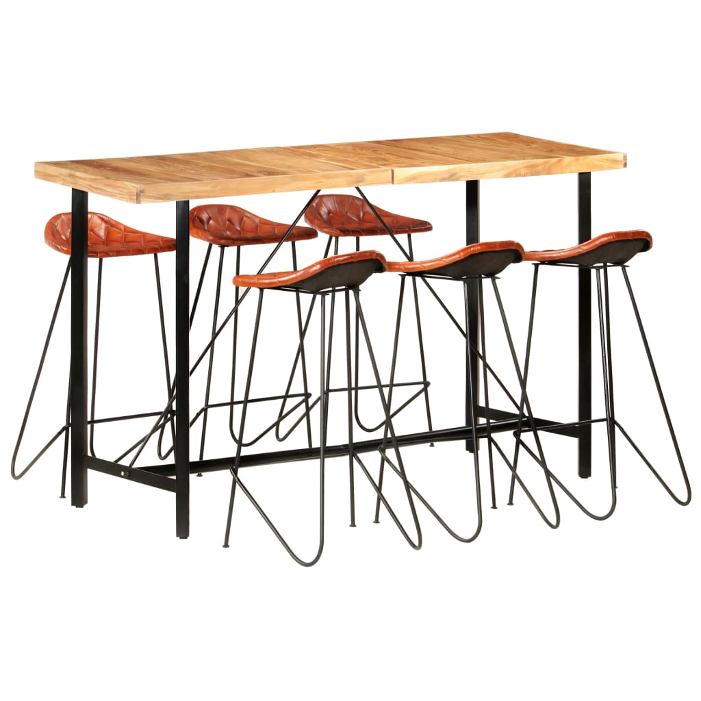 Set mobilier de bar 7 piese masa cu scaune, vidaXL, Lemn palisandru/Piele naturala, 150 x 70 x 107 cm, Maro