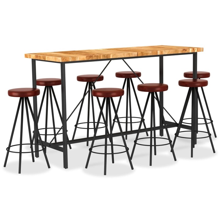 Set de bar vidaXL, 9 piese, lemn masiv de acacia si piele naturala, 46.16 kg
