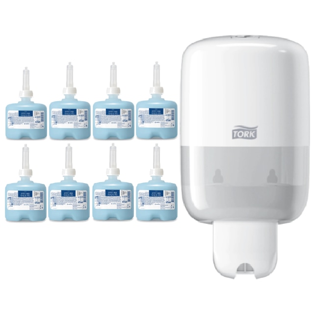 Pachet 8xSapun lichid Tork Premium pentru par si corp S2, 420602, 475ml, culoare albastru si Dozator sapun lichid Tork, S2, 561000, culoare alb