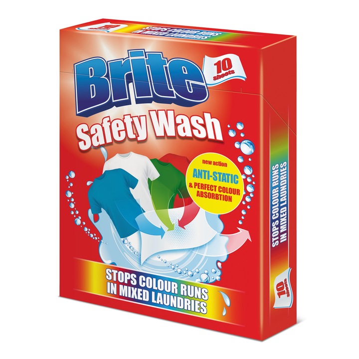Цветоулавящи кърпички Brite Safety Wash, с антистатичен ефект, за цветно пране, 10 бр