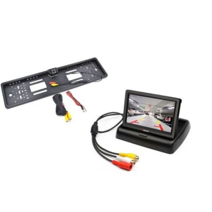 Pachet Suport numar inmatriculare cu camera video marsarier + Display pliabil LCD TFT 4.3"