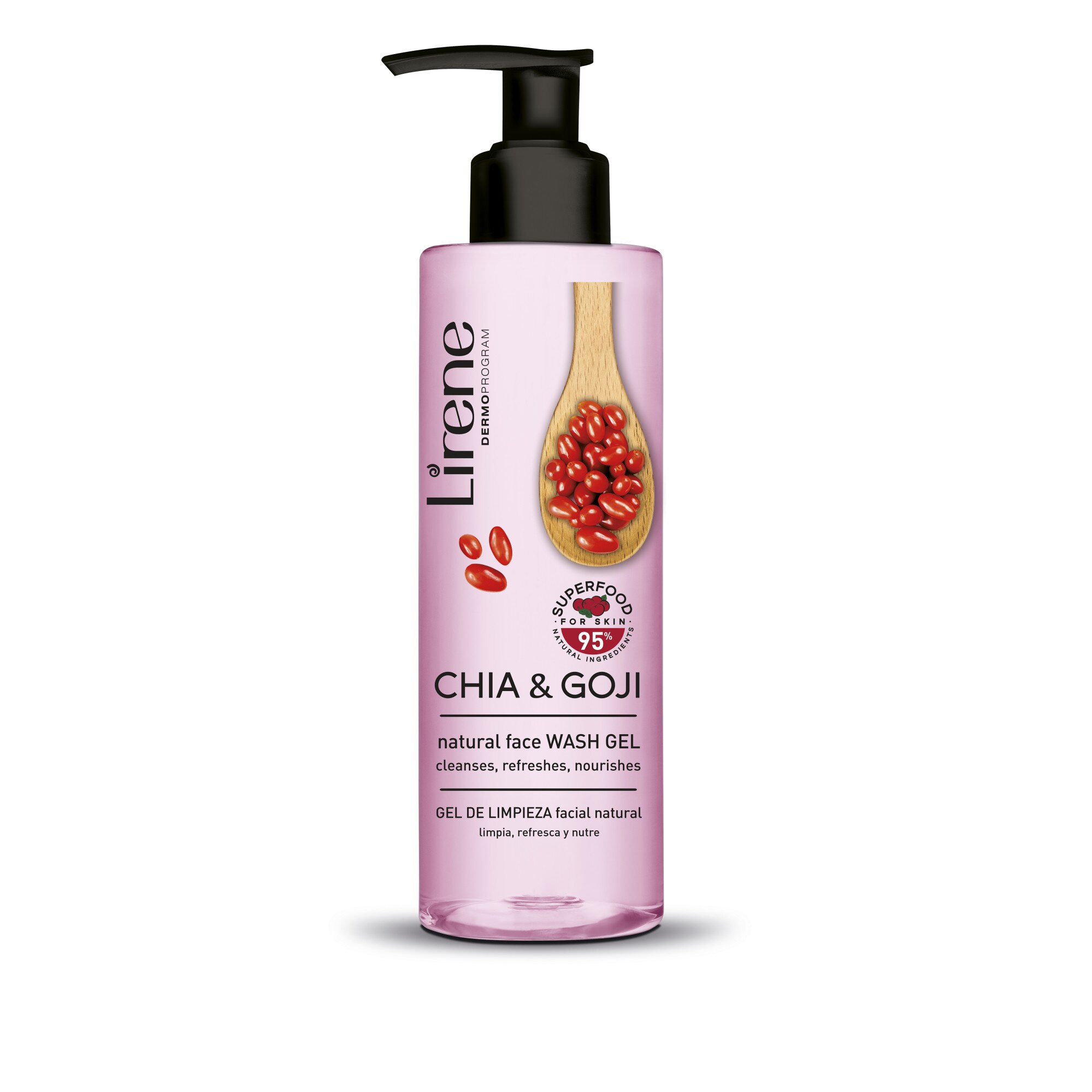 Gelul de curatare faciala LIRENE Superfood cu 95% ingrediente de origine naturala din chia si goji, 190ml